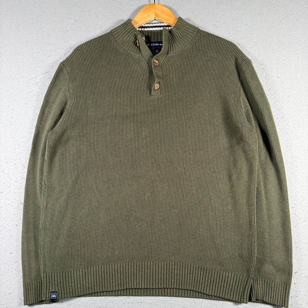 Mizzen+Main Men Olive Green Ribbed Mock Neck Button Up Sweater XL Comfort